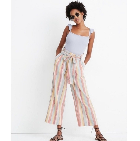 Madewell Paperbag Wide-Leg Cropped Striped Cotton Pants - Size M - Picture 1 of 8